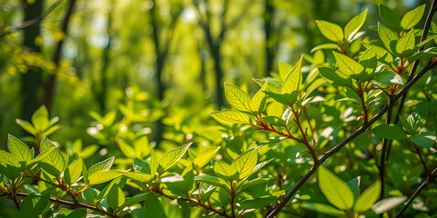 Obraz premium Earth day environment design. Green leaves forest and defocused abstract sunlight bokeh lush foliage. Green leaves eco-friendly background with place for text. Concept of ecology healthy environment