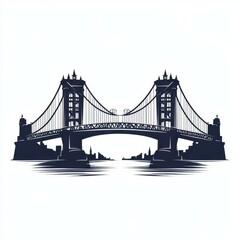 Obraz premium Iconic suspension bridge silhouette over a river with urban skyline in the background at dusk