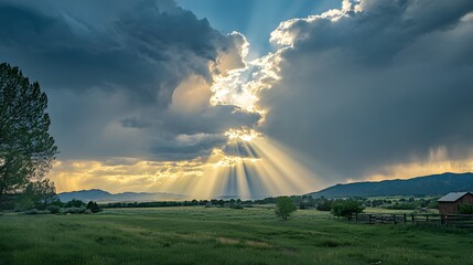 A dramatic sky with dark clouds and rays of sunlight breaking through