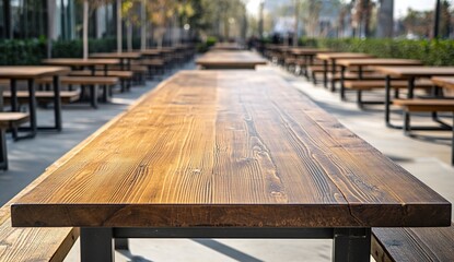 A realistic outdoor leisure scene with a long wooden table in a courtyard, the table surface showing natural wood grain, surrounded by multiple wooden tables and benches