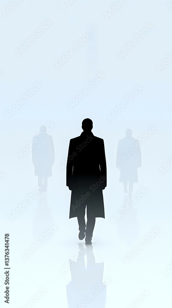 Aufkleber silhouette of man in long coat walking forward with two faded figures in background, minimalist desi