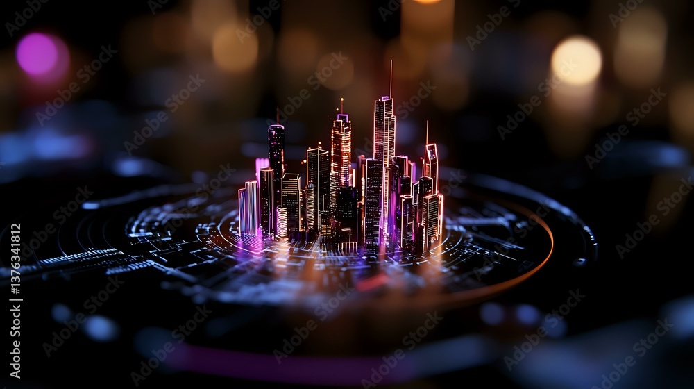 Poster futuristic glowing cityscape with neon purple and pink illuminated skyscrapers emerging from digital