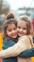 Fototapeta premium Happy children hugging together in a playful outdoor setting - 