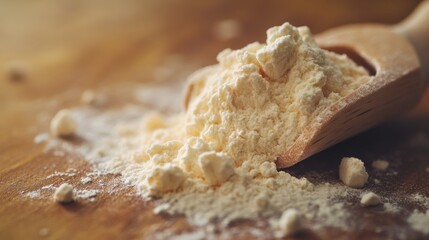 Whey Protein Powder Spread Across Wooden Countertop