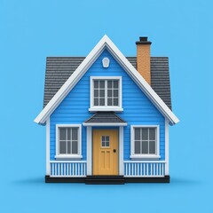 Small blue house with yellow door and chimney against bright blue background