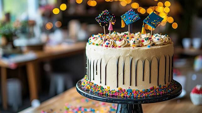A beautifully decorated cake with graduation-themed toppers and shiny frosting, sitting on a festive table ready for the celebration