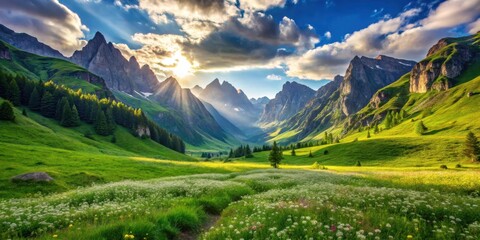 Serene Mountain Valley at Sunrise, Sunbeams Illuminating Lush Green Meadows and Wildflowers, Majestic Peaks in the Background
