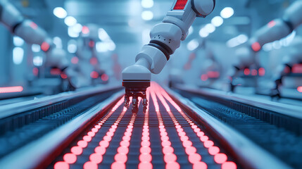 A robotic arm delicately maneuvers over a conveyor belt illuminated by vibrant red lights, showcasing advanced automation technology in a modern factory setting.