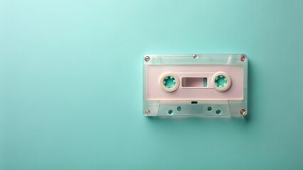 Obraz premium A translucent audio cassette tape rests on a pastel background, a nostalgic symbol of bygone musical eras