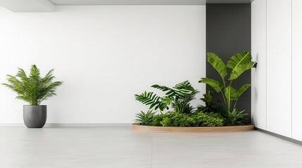 Minimalist office lounge with a central glassencased garden, clean lines and natural elements bringing nature indoors