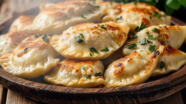 Steaming fried dumplings - polish pierogies