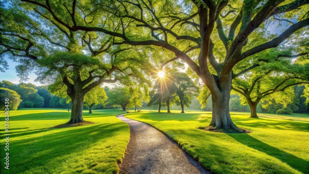 Aufkleber serene pathway through a lush green park with sunlit trees casting shadows on vibrant grass
