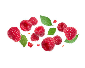 Levitating raspberries with leaves in the air on a transparent background