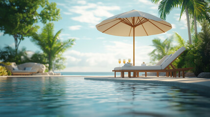 Tranquil Poolside Escape Luxurious lounge chairs champagne and a beach umbrella under a sunny