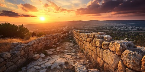 A realistic scene of an ancient stone wall at sunset, with a cobblestone path running alongside the irregular stone wall, a stunning sunset background with orange and pink clouds filling the sky