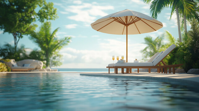 Tranquil Poolside Escape Luxurious lounge chairs champagne and a beach umbrella under a sunny - Powered by Adobe