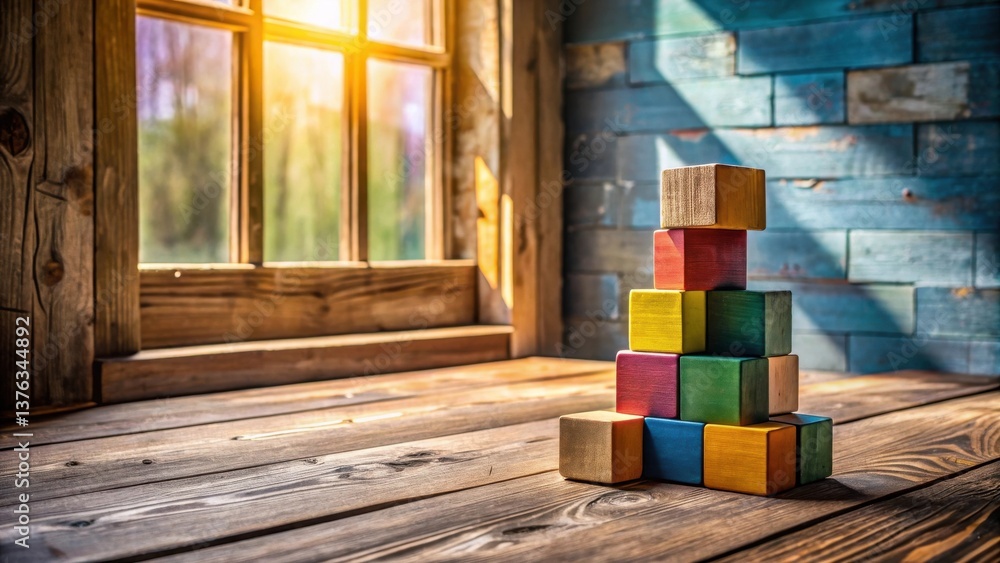 Poster Wooden blocks stacked in a pyramid shape near a sunlit window on a rustic wooden surface