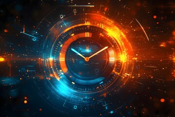 Digital art representation of a futuristic business clock displaying precise time in an energetic, glowing design