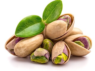 Roasted pistachios with leaves, and white background.