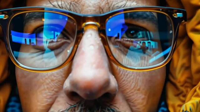Close-up of person with glasses wearing a bright jacket in urban environment during chilly weather