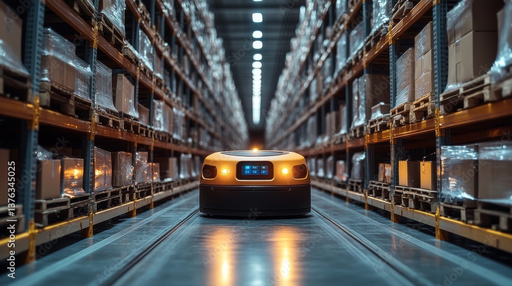 Poster a mobile robot navigates through a vast warehouse, transporting packages along well organized aisles