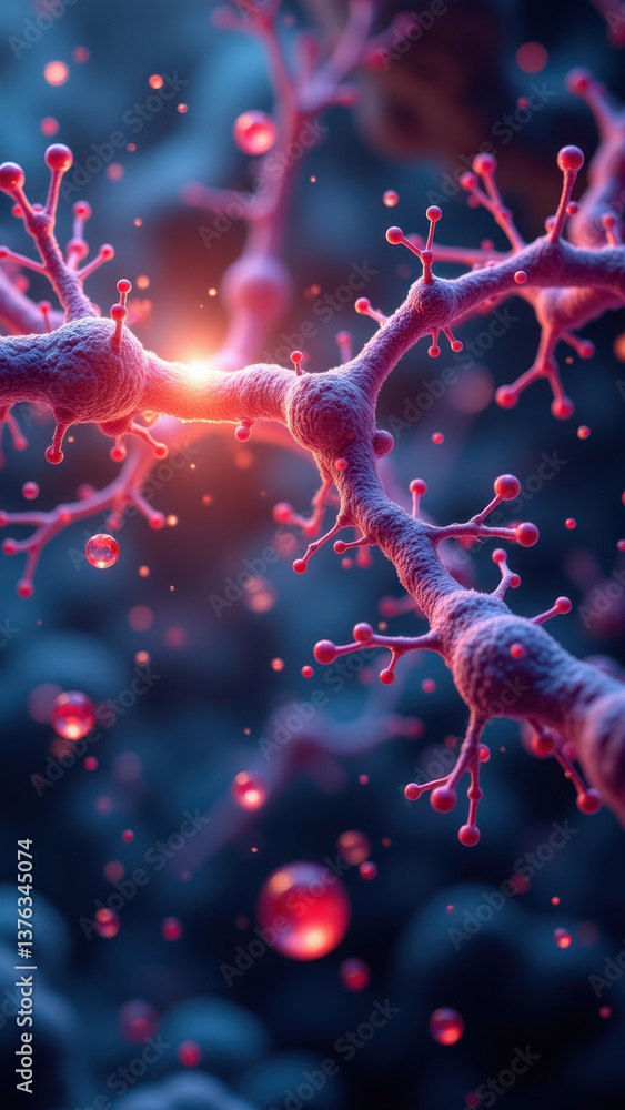Poster an up-close microscopic view of a neural network with vibrant colors, focusing on glp-1 receptors.
