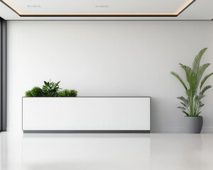 Sleek office reception with a minimalist garden feature, simple greenery and polished floors creating a calm space