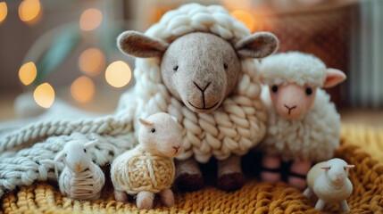 Crafting scene with handmade wool felt animals on a cozy wooden surface