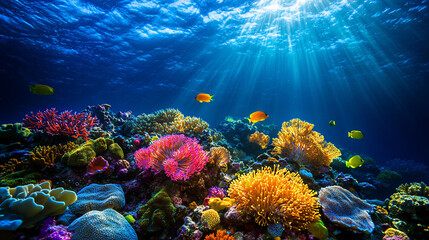 Fototapeta premium Vibrant Coral Reef Underwater Scene with Colorful Fish