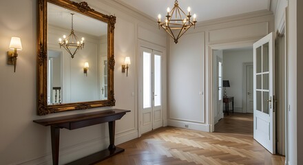 Elegant home entryway with hardwood floor.