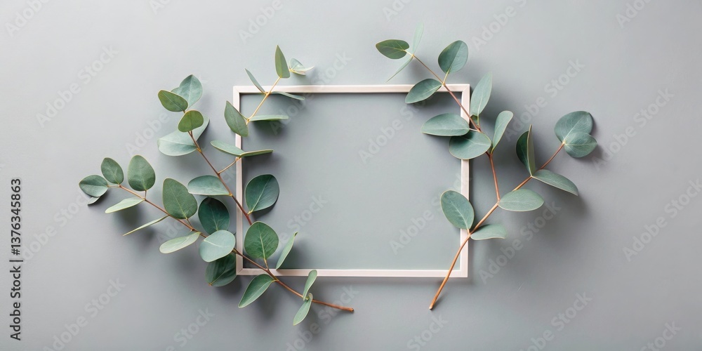 Poster simple white frame adorned with vibrant green eucalyptus branches on a serene gray background
