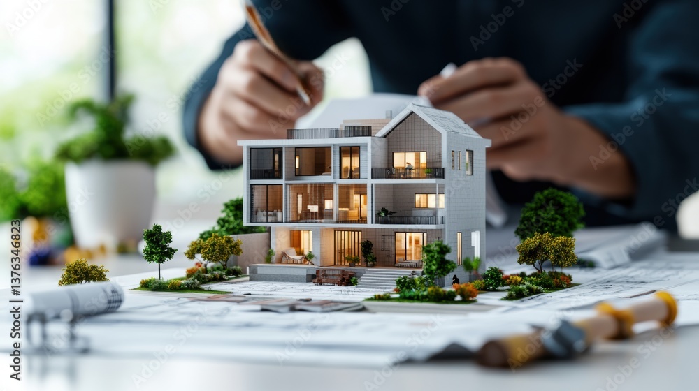 Poster a person meticulously examines intricate architectural blueprints while displaying a detailed illumi