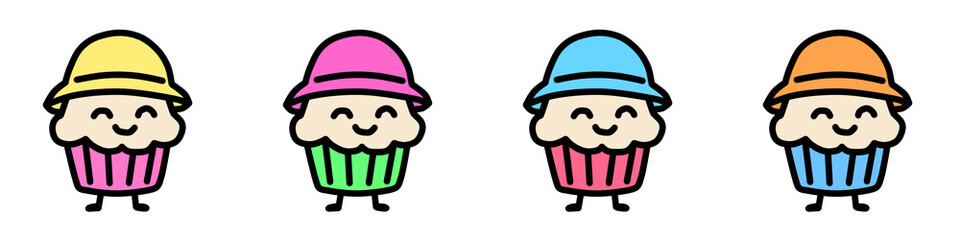Colorful Cartoon Cupcake Illustrations with Smiling Faces and Fun Hats for Creative and Playful Designs