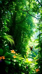 Naklejka premium Lush Tropical Jungle with Butterfly