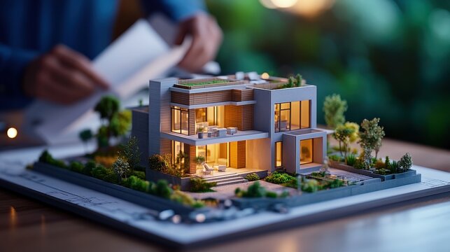 Detailed architectural model of modern two-story house with green roof illuminated on blueprints, person reviewing documents in the background.