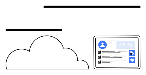 Cloud connected to a tablet with medical profile, heart rate, and checklist. Ideal for health tech, cloud computing, data management, healthcare, medical records diagnostics innovation. Flat simple