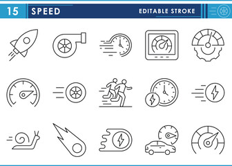 A set of line icons related to Speed. Slow, snail, run, wheel, faster, efficient, flash, and so on. Vector editable stroke.