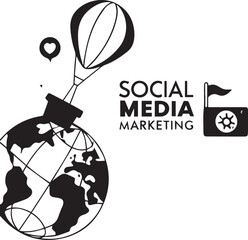 Global communication concept with world map and globe featuring balloons, silhouettes of a boy and woman, heart, gift, and fun party elements in a cartoon style