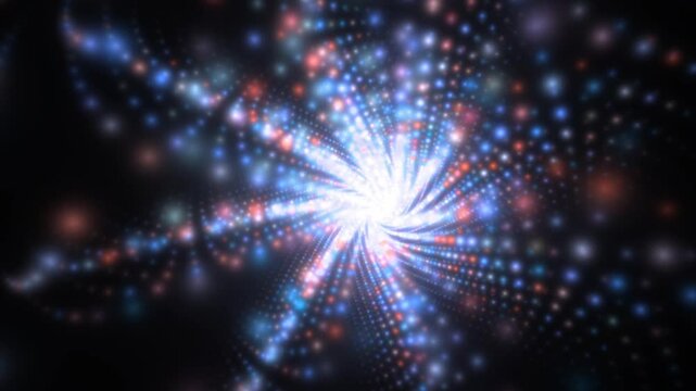 hypnotische drehende Spirale aus blau orange leuchtenden Lichtern &ndash; farbenfrohes Technologie-Design, Meditation, futuristische Energie und modernes visuelles Konzept, Entschleunigung