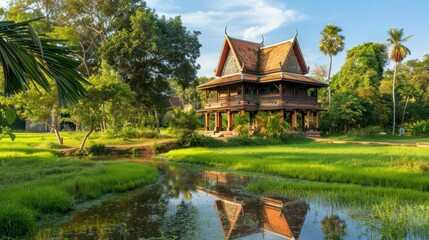 Fototapeta premium Traditional Cambodian countryside house by a stream and rice paddies.