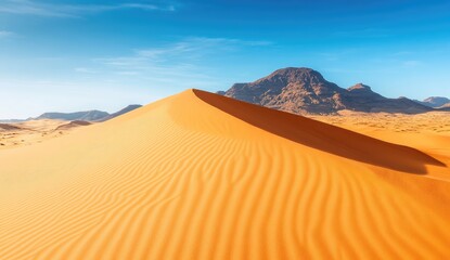 Vast sand dune under a vibrant blue sky, a mountain in the distance