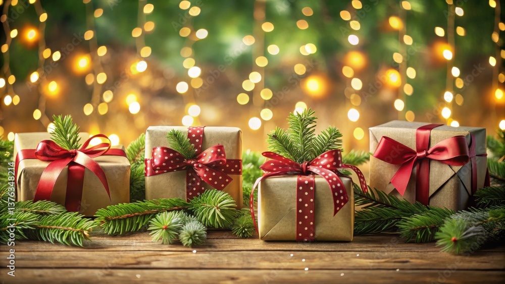 Poster festive presents adorned with evergreen and red ribbons, illuminated by a sparkling background of wa