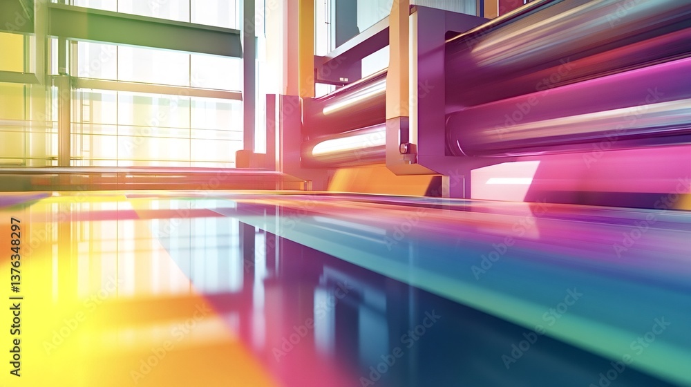 Poster modern printing machine creating a colorful design on paper in an industrial printing house, showcas