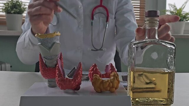 Effects of alcohol on thyroid. Doctor holds alcohol and  Thyroid. Risks and consequences of hyperthyroidism and alcohol consumption