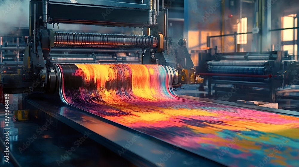 Poster large industrial printing machine processing colorful textile in a factory, showing the vibrant colo