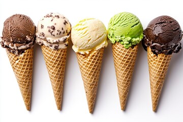 Five Colorful Ice Cream Scoops in Waffle Cones on White Background