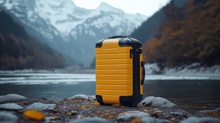 Lone yellow suitcase by a mountain lake awaiting an adventurous journey serene autumn landscape soft