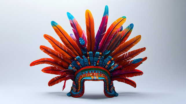 un penacho solorido y decorado tradicional con plumas y cuentas artesanales hecho a mano por artesanos indigenas tradiciones y culturas sobre un fondo blanco