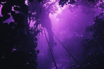 Misty forest scene with purple hues and lush vegetation at dawn