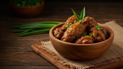 Soy sauce chicken stew with green onions and fresh herbs in a rustic bowl